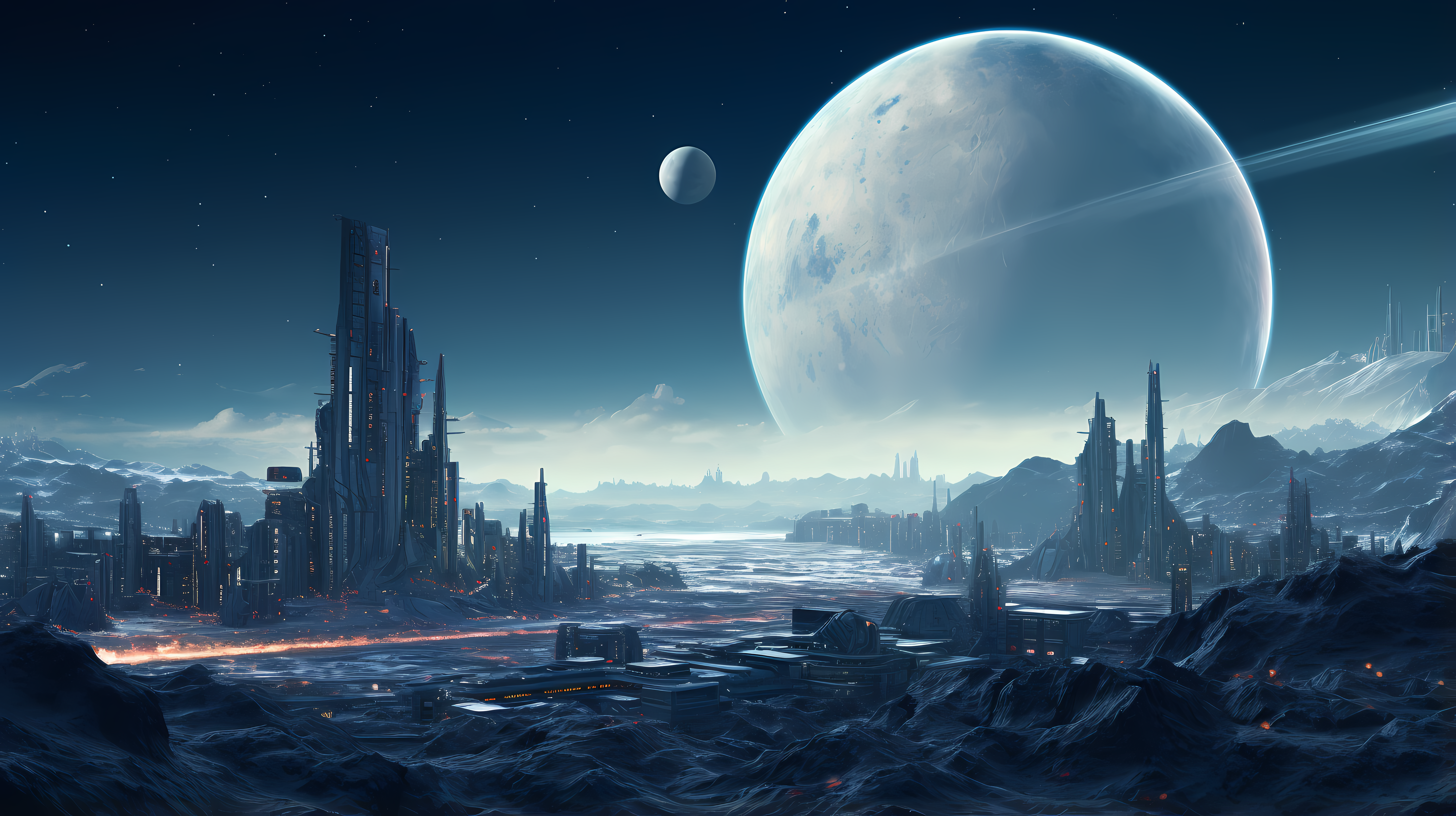 digital art moon buildings wallpaper